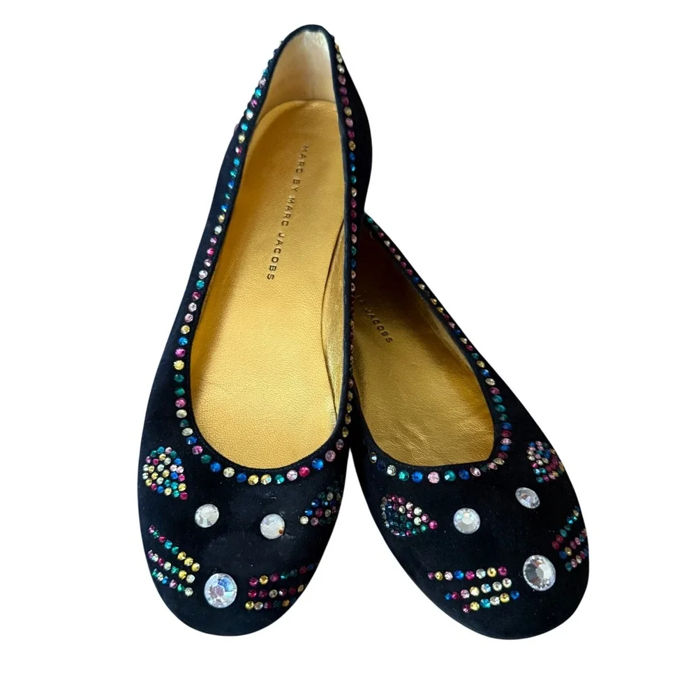 Marc‎ by Marc Jacobs Black Suede Rhinestone Cat Face Ballet Flats Size 37.5